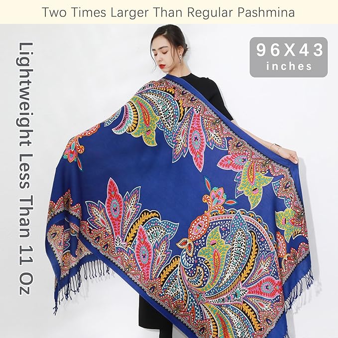 DANA XU 100% Merino Wool Pashmina Shawl for Women 96"x43", Oversized Cashmere Wrap with Tassels, Floral Travel Blanket Cape