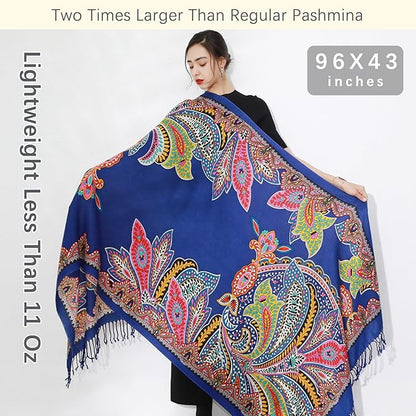 DANA XU 100% Merino Wool Pashmina Shawl for Women 96"x43", Oversized Cashmere Wrap with Tassels, Floral Travel Blanket Cape