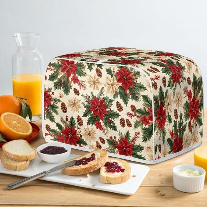 ZFRXIGN Christmas Flower Toaster Covers Mushroom Toaster Cover 4 Slice Small Appliance Covers Kitchen Microwave Oven Dust Cover Case Protector Toaster Covers Poinsettia Floral Beige