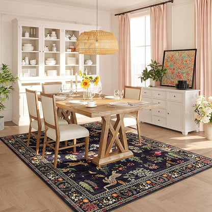 Rugcomf Living Room Rug 5x7 Rug Machine Washable Boho Area Rug Non Slip Floral Animal Vintage Low Pile Large Rugs for Living Room, Bedroom, Farmhouse, Dining Room, Kids Playroom (Blue)