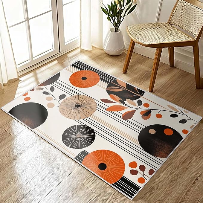 2x3 Entryway Area Rug Orange Black White Bathroom Rug Non Slip Machine Washable Low Pile Small Carpet Kitchen Bedroom Door Mat Entrance