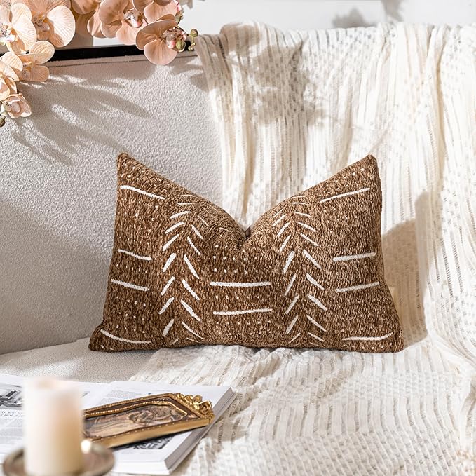 BlissBlush Fall Brown Decorative Lumbar Throw Pillow Covers 12X20, Set of 2, Boho Farmhouse Cushion Cover, Soft Accent Pillowcase for Couch Sofa Bed Living Room Home Décor