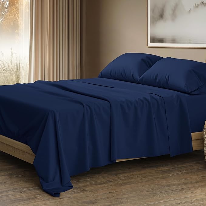 THREAD SPREAD 100% Egyptian Cotton Sheets Queen Size - 1500 Thread Count 4 PC Queen Sheet Set Egyptian Cotton, Sateen Luxury Sheets Queen Size, High Thread Count Sheets, 17" Deep Pocket - Navy Blue