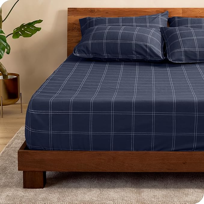 Fitted Bottom Sheet Twin Size - Premium 1800 Microfiber - Ultra-Soft Hotel Luxury - Deep Pocket - Durable and Long Lasting - Fitted Sheet (Twin, Modern Plaid - Midnight Blue/White)