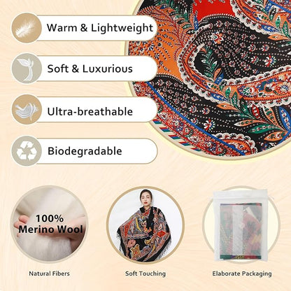 DANA XU 100% Merino Wool Pashmina Shawl for Women 96"x43", Oversized Cashmere Wrap with Tassels, Floral Travel Blanket Cape