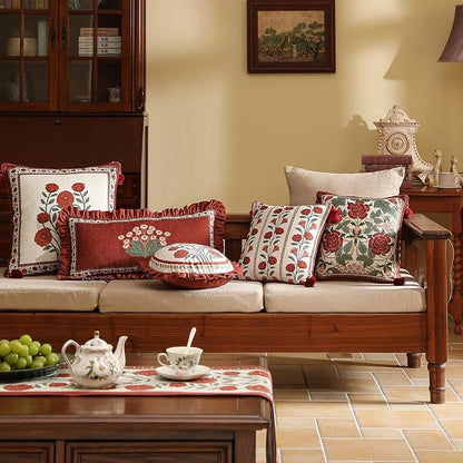 Vintage Rectangle Throw Pillow Covers Pack of 2,Red Cozy Velvet with Leaves and Floral Pattern Pillowcases,Decor Longer Lumbar Pillows Cushion Covers for Living Room Couch Sofa Bed,12"x28"