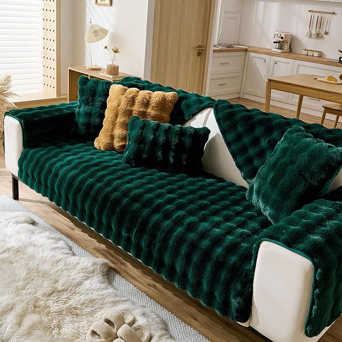 Christmas Faux Fur Couch Cover Fuzzy Soft Plush Thick Bubble Sofa Cover Luxury Sectional Couch Covers Luxury Anti-Slip Sofa Slipcover Washable Furniture Protector (Dark Green,28"x47")