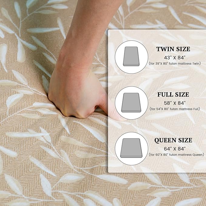 ZonLi Futon Mattress Cover Full Size for Traditional Japanese Floor Futon Mattress with Zipper,Tatami Floor Sleeping Mat Cover,Super Soft and Machine Washable (54‘’x84‘’, Beige Leaves)