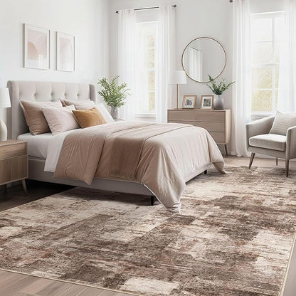 Abstract Living Room Rug 8x10 - Modern Washable Soft Thin Area Rug for Living Room Bedroom Under Dining Table - Neutral Indoor Floor Rug Carpets for Home Office Playroom Nursery - Brown