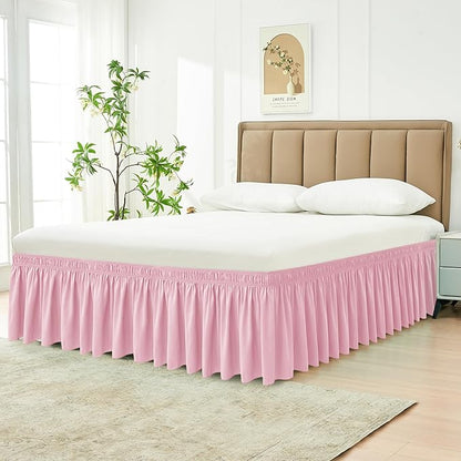 Biscaynebay Wrap Around Bed Skirts for Queen Beds 15" Drop, Pink Adjustable Elastic Dust Ruffles Easy Fit Wrinkle & Fade Resistant Silky Luxurious Fabric Machine Washable