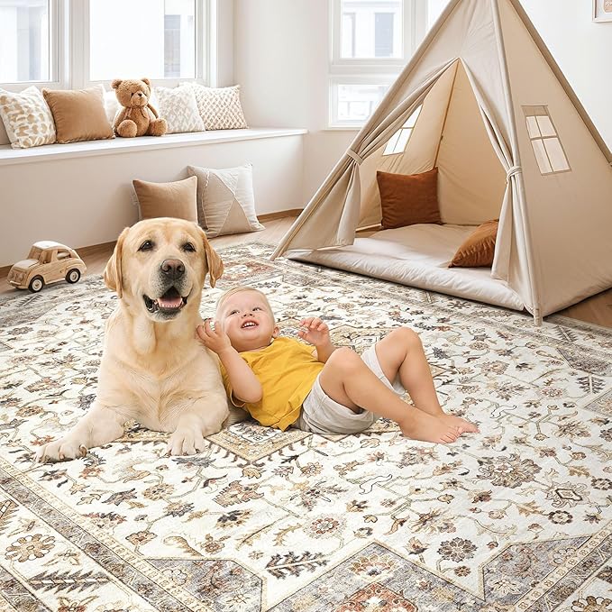 Vintage Living Room Area Rug 10x14 - Large Soft Washable Oriental Traditional Distressed Farmhouse Rugs for Bedroom - Indoor Floor Accent Carpet for Home Office House Decor - Golden Taupe
