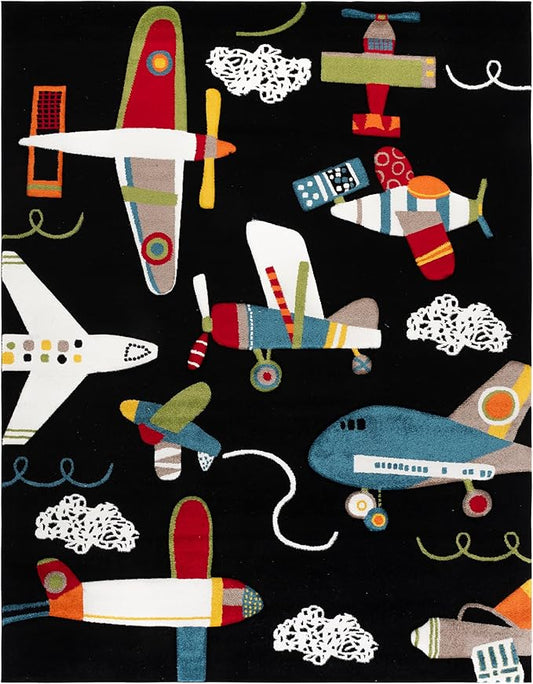 SAFAVIEH Carousel Kids Collection Area Rug - 9' x 12', Black & Ivory, Airplane Design, Non-Shedding & Easy Care, Ideal for High Traffic Areas for Boys & Girls in Playroom, Nursery, Bedroom (CRK167Z)