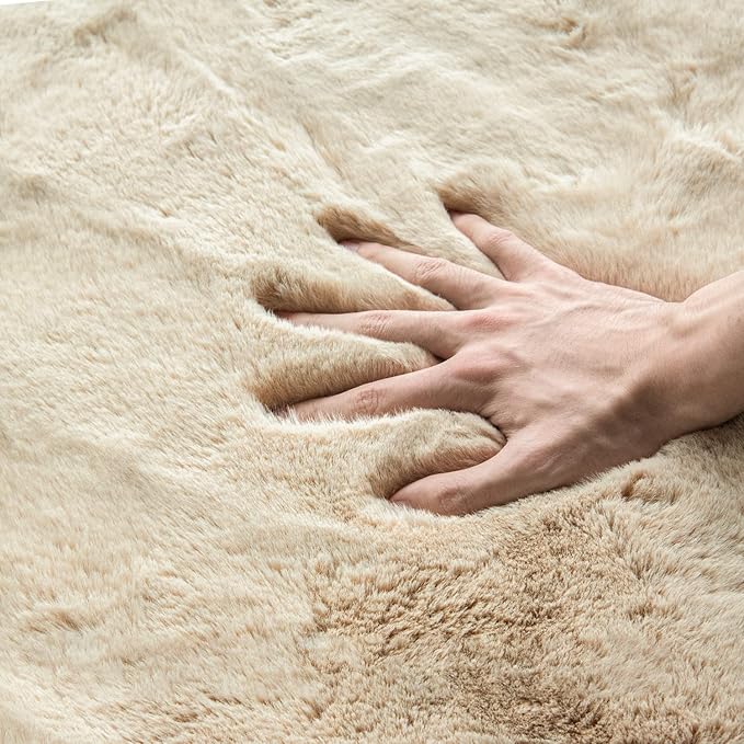 Camel Plush Shag Faux Rabbit Washable Fuzzy Fur Rugs for Living Room Bedroom Kids Circle Small Nursery Area Rug Round Rug 3ft