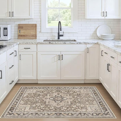 Vintage Living Room Area Rug 3x5 - Large Soft Washable Oriental Traditional Distressed Farmhouse Rugs for Bedroom - Indoor Floor Accent Carpet for Home Office House Decor - Brown