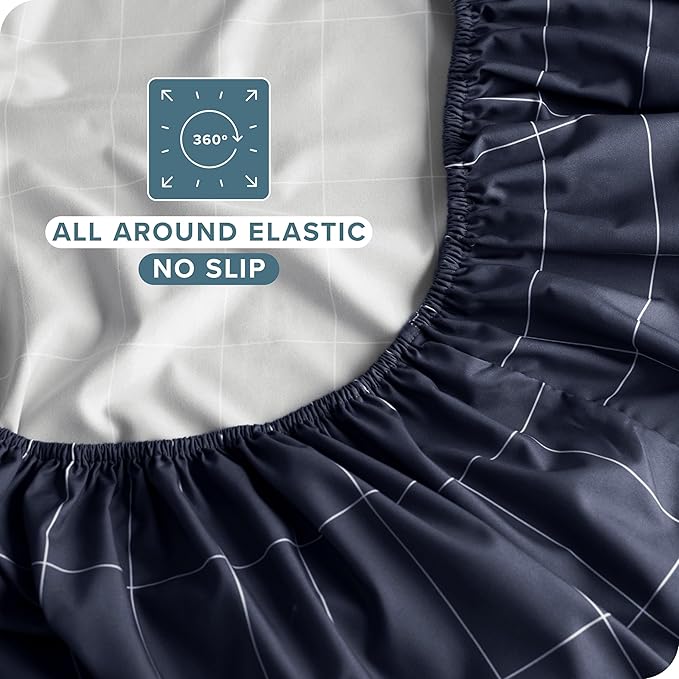 Bare Home Fitted Bottom Sheet Queen Size - Premium 1800 Microfiber - Ultra-Soft Hotel Luxury - Deep Pocket - Durable and Long Lasting (Queen, Grid - Midnight Blue/White)