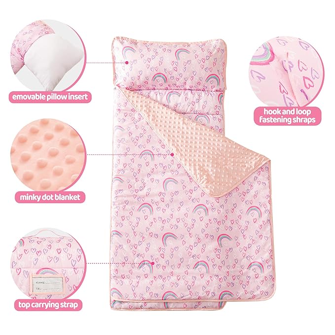 Viviland Toddler Kid Nap Mat for Preschool, Girls Pink Rainbow Slumber Bag, Daycare Sleeping Bag with Pillow and Blanket, Kindergarten Sleep Mat
