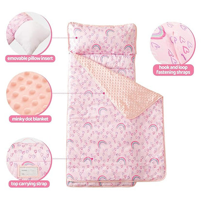 Viviland Toddler Kid Nap Mat for Preschool, Girls Pink Rainbow Slumber Bag, Daycare Sleeping Bag with Pillow and Blanket, Kindergarten Sleep Mat