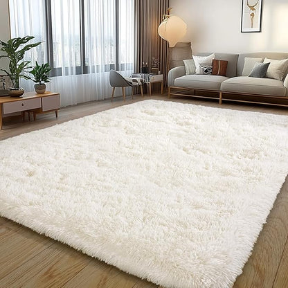 Cream White Plush Rug for Living Room Fuzzy Carpet for Bedroom Dorm, Non-Slip High Pile Rug, Shag Rug for Playroom Nursery Home Office Decor 10x14Ft