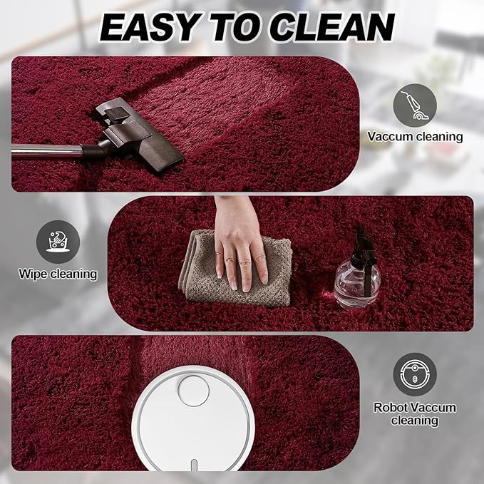 Burgundy Plush Rug for Living Room Fuzzy Carpet for Bedroom Dorm, Non-Slip High Pile Rug, Shag Rug for Playroom Nursery Home Office Decor 4X6 Ft