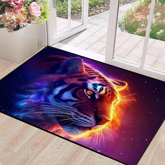 Galaxy Tiger Rug 3D Fierce Tigers Area Rugs for Bedroom Living Room Playroom Gameroom Boys Kids Fire Glitter Carpet Throw Rugs Floor Mat 47 in X 31 in
