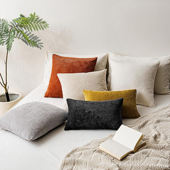 a moment Pack of 2 Decorative Chenille Throw Pillow Covers with Twill Cushion Covers for Sofa Living Room Couch Bed 20x12 Inch Black