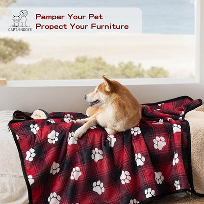 Waterproof Dog Blankets Pet Blanket 60"x80", Soft Fluffy Sofa Car Bed Protector, Reversible Sherpa Fleece Dog Blanket for Large Dogs Christmas Decor(Paw Red)