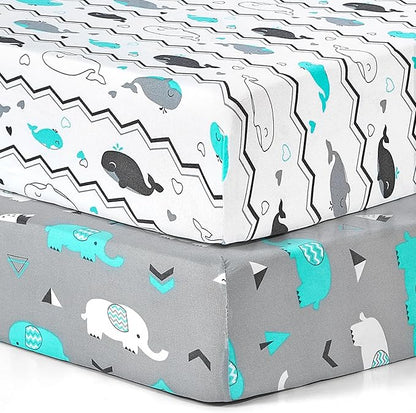 Pack n Play Sheets, BROLEX 2 Pack Mini Crib Sheets,Stretchy Portable Fitted Playard Sheet Set, Convertible Playard Mattress Cover,Ultra Soft Breathable Material,Elephant Whale