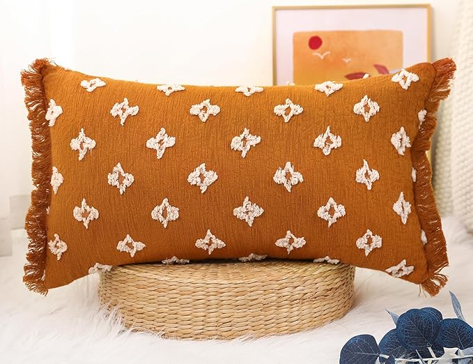Boho Long Lumbar Pillow Cover 12x24 with Tassel,3D Flower Patterned Cotton Decorative Long Lumbar Pillow Cover Pillow Case for Sofa Couch Bed Livingroom Farmhouse,Rust Red