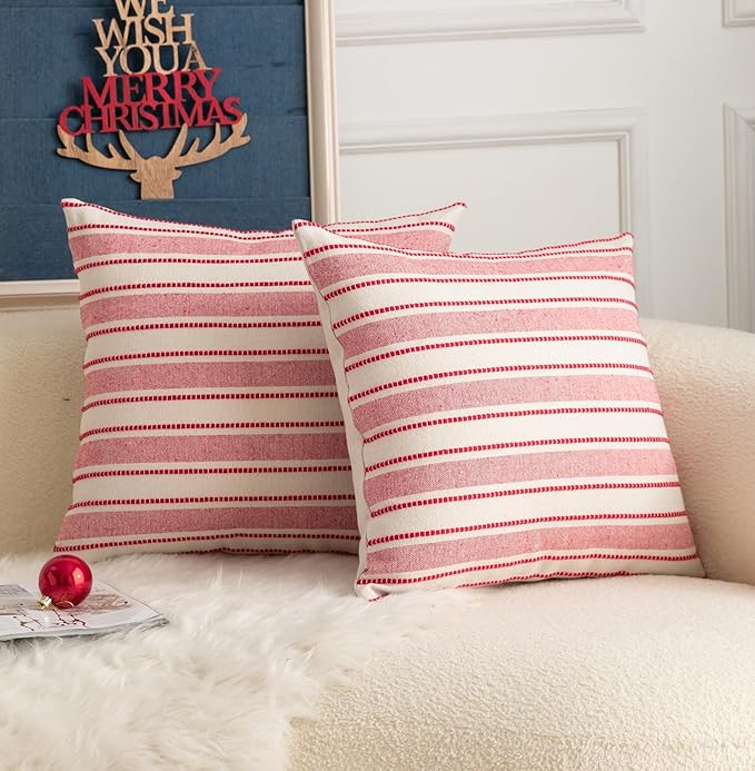 Christmas Pillow Covers, Boho Textured Red Pillow Case, Pillow Covers 22 x 22 Inch Set of 2 Christmas Decorative, Chair Sofa Bedroom Living Room Home Holiday Decor Cushion Case