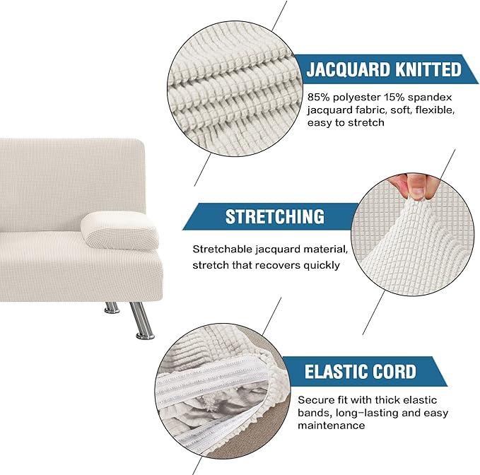 H.VERSAILTEX 4 Pieces Stretch Futon Covers Sofa Bed Slipcover with Removable Armrests and Cupholders Covers Furniture Protector High Spandex Small Checks Jacquard Fabric, Ivory