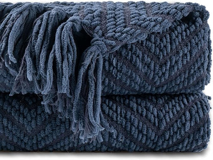BATTILO HOME Navy Blue Throw Blanket for Couch, Knitted Blue Blanket Throw 50'' x 60'', Super Soft Warm Navy Throws for Chair Sofa Home Decor