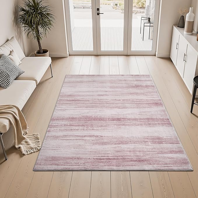 PADOOR Modern Abstract Area Rug - 3x5 Washable Rugs Non-Slip Small Carpet, Ultra Soft Low Pile Floor Rugs for Entrance Front Door Bedroom Bedside Laundry Room Pink
