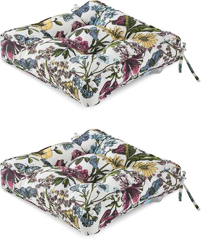 ARTPLAN Outdoor Seat Cushion,Square Thick Tufted Pure Chair Cushion for Patio Wicker Chair with Tie,Set of 2,19"x19"x5"，Floral