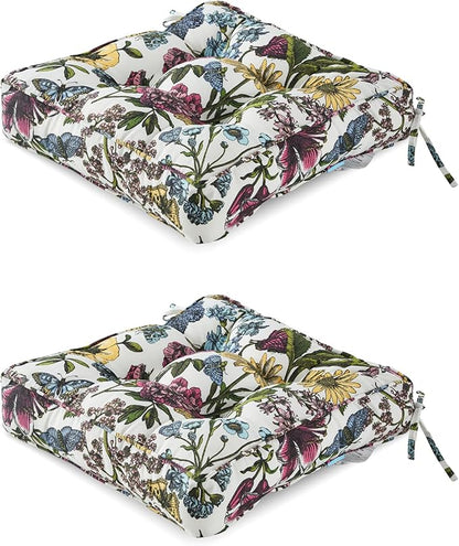 ARTPLAN Outdoor Seat Cushion,Square Thick Tufted Pure Chair Cushion for Patio Wicker Chair with Tie,Set of 2,19"x19"x5"，Floral