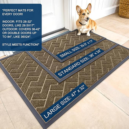 OLANLY Front Door Mat Indoor Outdoor Entrance, Waterproof All-Season, All-Weather Doormat, Sturdy Natural Rubber, Low Profile, Easy Clean Patio Porch Entryway Mat, Herringbone Brick (Brown, 47x32)
