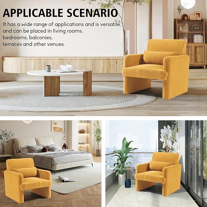 Gaussen Mid Century Modern Accent Chair - Sherpa Upholstered Armchair with Pillow, Oversized & Comfy for Living Room, Bedroom, Office, Cafe (Summer)