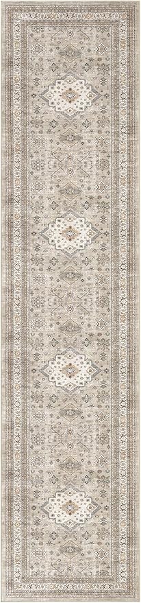 Vintage Hallway Runner Rug 3x14: Large Soft Washable Entryway for Kitchen Laundry Room Non-Slip Backing Runner for Entrance Living Room Bedroom Bathroom - Beige