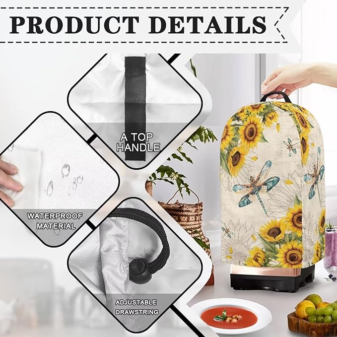 Dragonfly Sunflower Blender Covers for Kitchen Food Processor Cover with Durable Handle, Dust Covers for Kitchen Appliances Stand Mixer or Coffee Maker Appliance Cover