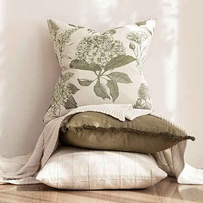 Foindtower Set of 2 Linen Floral Vintage Throw Pillow Covers Neutral Accent Print Decorative Cushion Covers Farmhouse Home Decor for Sofa Chair Couch Bedroom Living Room,18×18 Inch,Sage Green