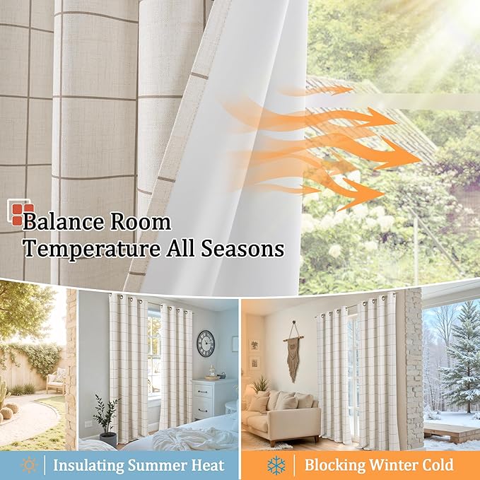 Brown Plaid Linen Blackout Curtains for Bedroom - Boho Style Curtains Thermal Insulated, Pattern Printed Rustic Drapes Cottage Window Treatments for Farmhouse, 52x63 Inch 2 Panels