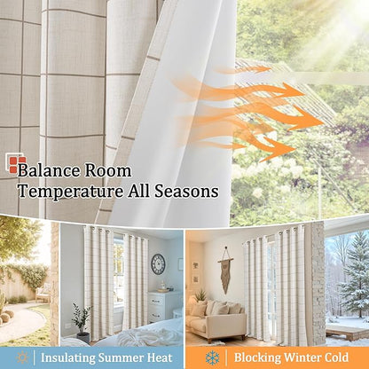 Brown Plaid Linen Blackout Curtains for Bedroom - Boho Style Curtains Thermal Insulated, Pattern Printed Rustic Drapes Cottage Window Treatments for Farmhouse, 52x63 Inch 2 Panels