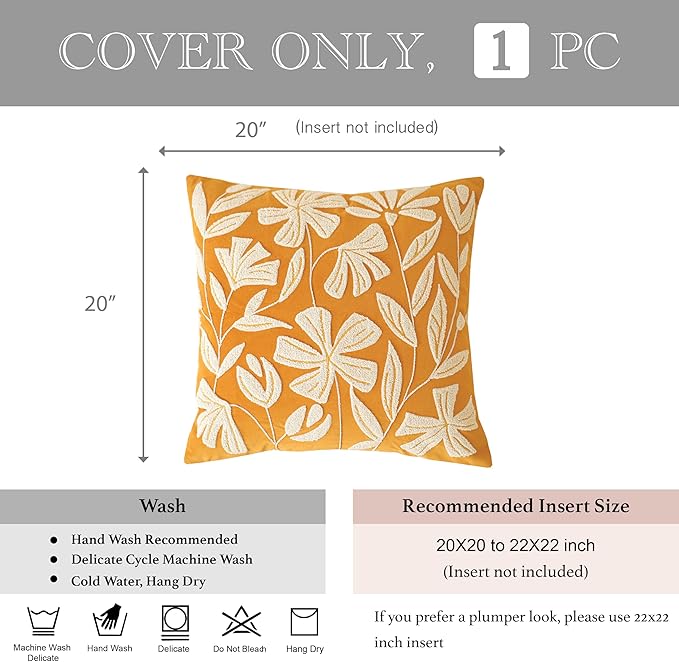 BlissBlush Fall Throw Pillow Cover 20x20, Yellow Mustard Soft Velvet Floral Decorative Accent Throw Pillowcase, Tufted Farmhouse Textured Pillowcase for Couch Sofa Bed Living Room Home Décor