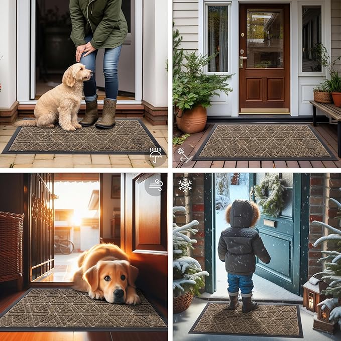 Smiry Front Door Mat Outside Entrance, Heavy Duty Sturdy Natural Rubber Doormat, Trap Dirt and Moisture, Easy Clean Low Profile Mats for Indoor Outdoor Entry, Grid Geometric (47x24, Brown)