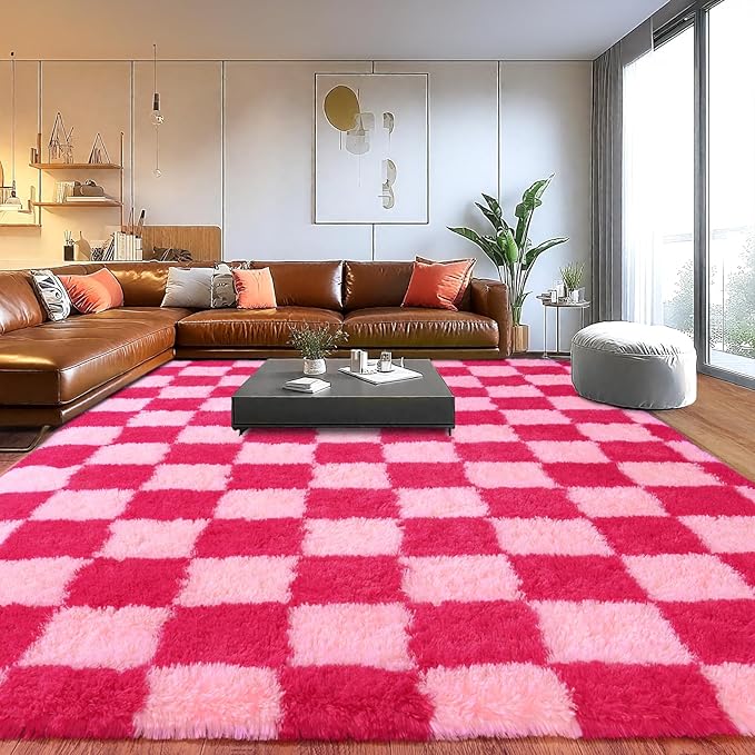 Area Rugs for Living Room, Soft Shaggy Carpets for Living Room, Fuzzy Rugs for Kids' Room, Perfect Decor for Modern Home Hot Pink Grid 4x6 Feet