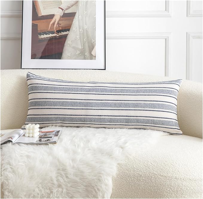 Decorative Boho Lumbar Pillow Covers, Modern Farmhouse Couch Pillowcase, 14 x 36 Long Accent Body Throw Pillow Covers, Sofa Bed Living Room Decor Cushion Case, Navy Blue and Beige, Pack of 1