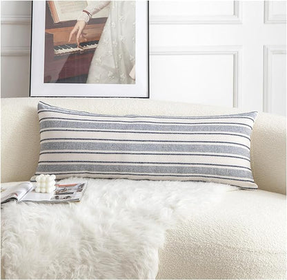 Decorative Boho Lumbar Pillow Covers, Modern Farmhouse Couch Pillowcase, 14 x 36 Long Accent Body Throw Pillow Covers, Sofa Bed Living Room Decor Cushion Case, Navy Blue and Beige, Pack of 1