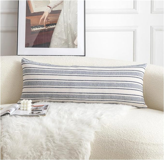 Decorative Boho Lumbar Pillow Covers, Modern Farmhouse Couch Pillowcase, 14 x 36 Long Accent Body Throw Pillow Covers, Sofa Bed Living Room Decor Cushion Case, Navy Blue and Beige, Pack of 1