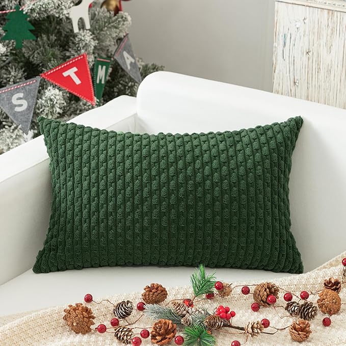 Kevin Textile 12x20 Inch Pillow Cover 1 Pack Boho Christmas Decorative Soft Striped Corduroy Lumbar Farmhouse Color Accent Rectangle Cushion Case for Living Room Couch Sofa Bed, Dark Green