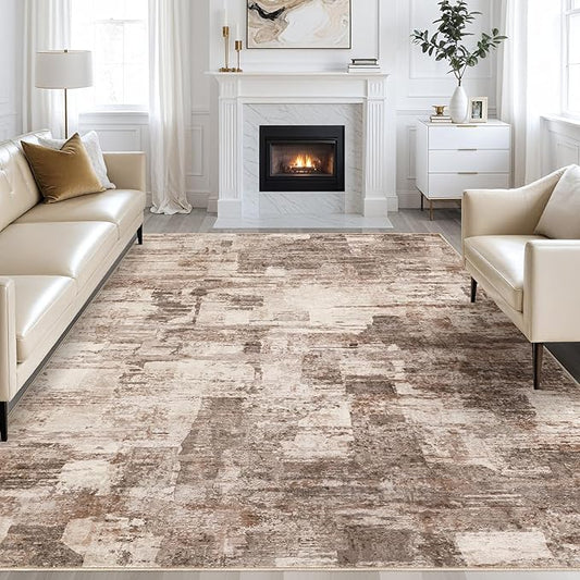 Abstract Living Room Rug 10x12 - Modern Washable Soft Thin Area Rug for Living Room Bedroom Under Dining Table - Neutral Indoor Floor Rug Carpets for Home Office Playroom Nursery - Brown