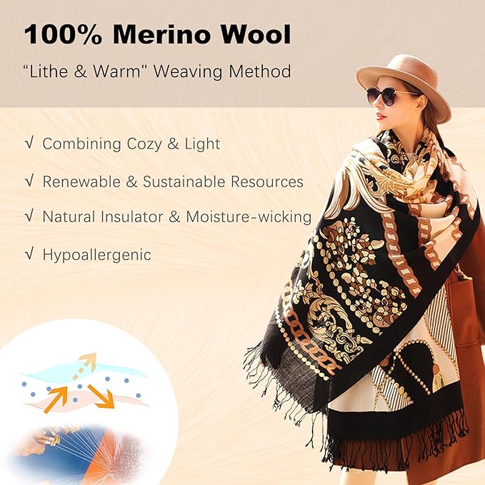 DANA XU 100% Merino Wool Pashmina Shawl for Women 96"x43", Oversized Cashmere Wrap with Tassels, Floral Travel Blanket Cape